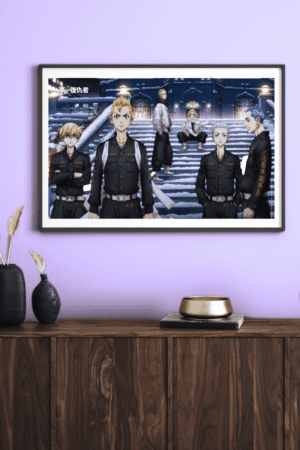 Framed Tokyo Revengers puzzle art on purple wall above wooden console