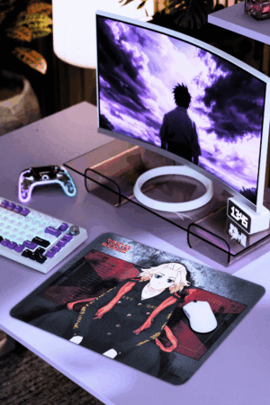Mikey Tokyo Revengers mouse pad setup next to anime monitor